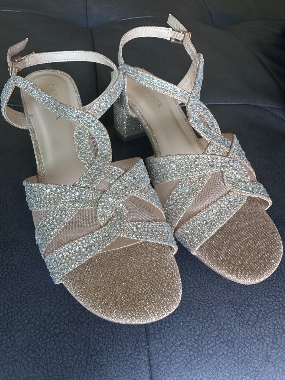 Paradox London Crystal Embellished Block Heel Sandals Champagne/Nude Size US 8